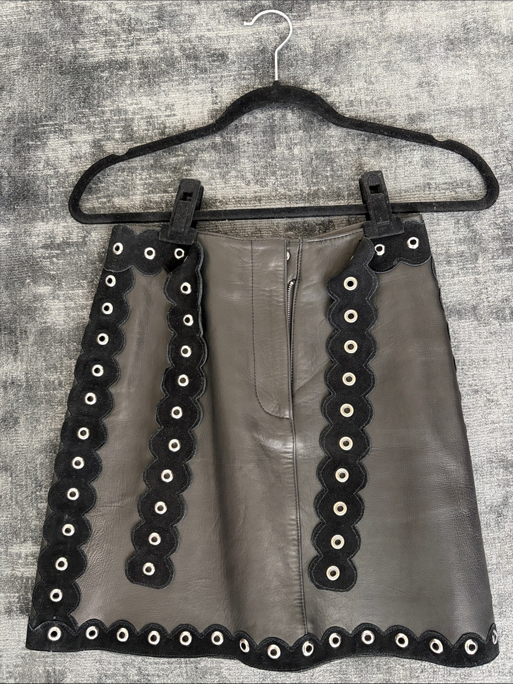 Women’s Black Leather Maje Mini Skirt with Black Suede Eyelet Trim